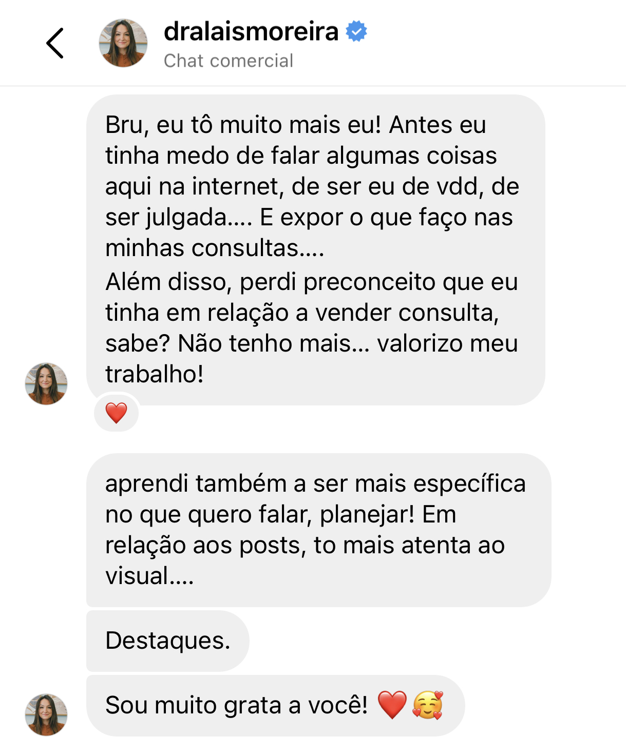 Print de depoimento sobre autenticidade, planejamento e valorização do trabalho