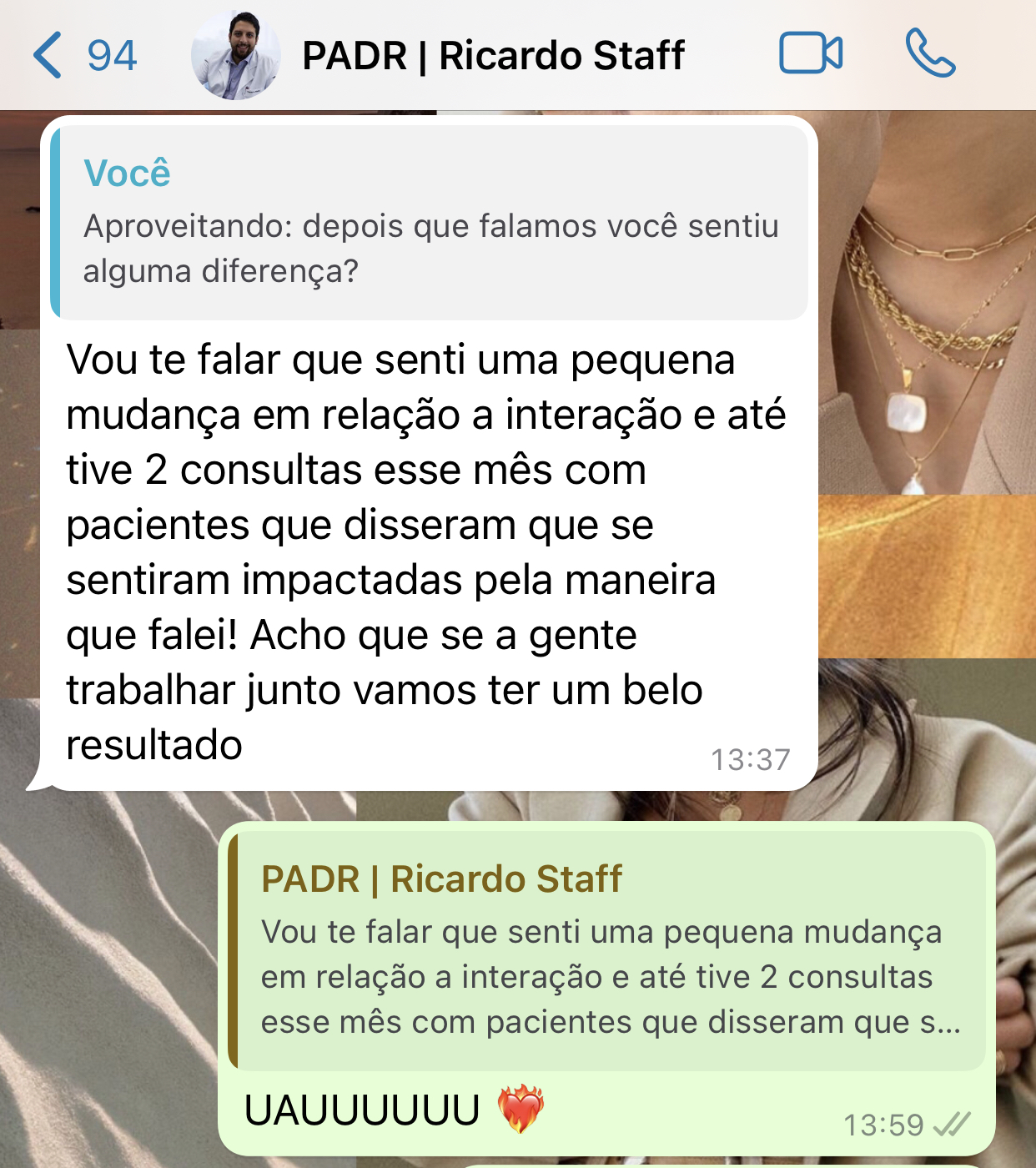 Print de depoimento sobre duas consultas de pacientes impactadas pelo conteúdo