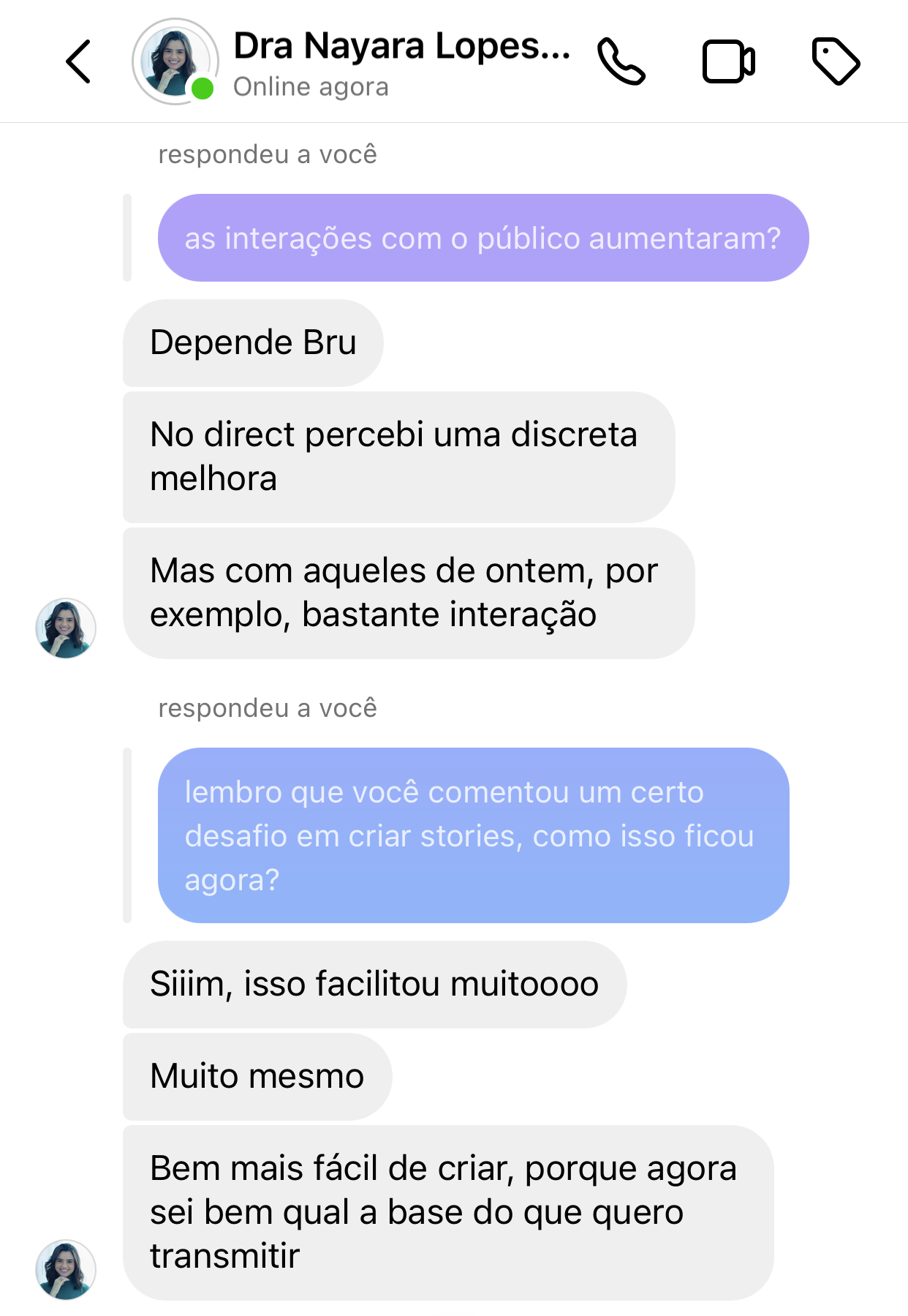 Print de depoimento sobre melhora nas interações e facilidade em criar stories