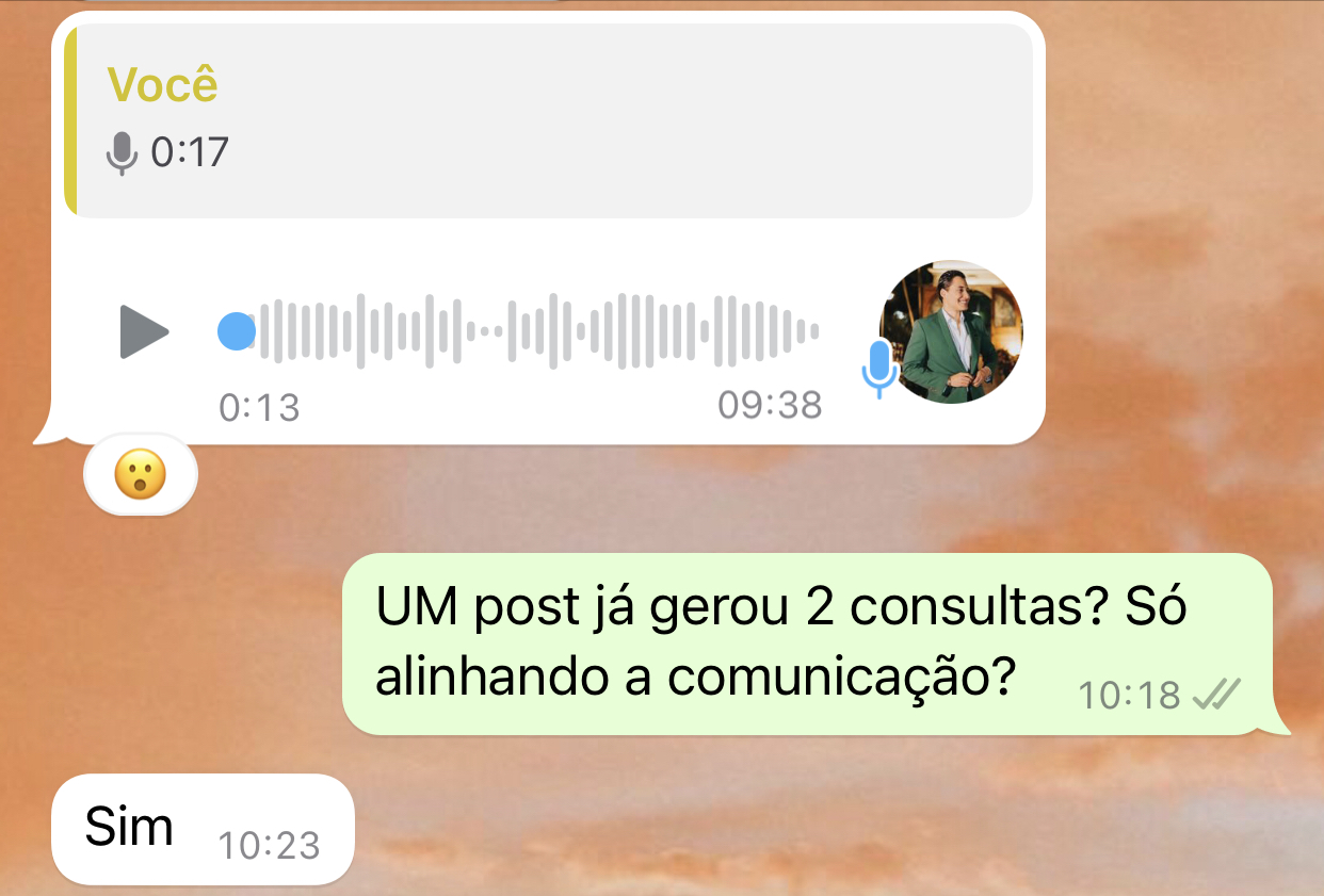 Print de WhatsApp confirmando que um post gerou duas consultas